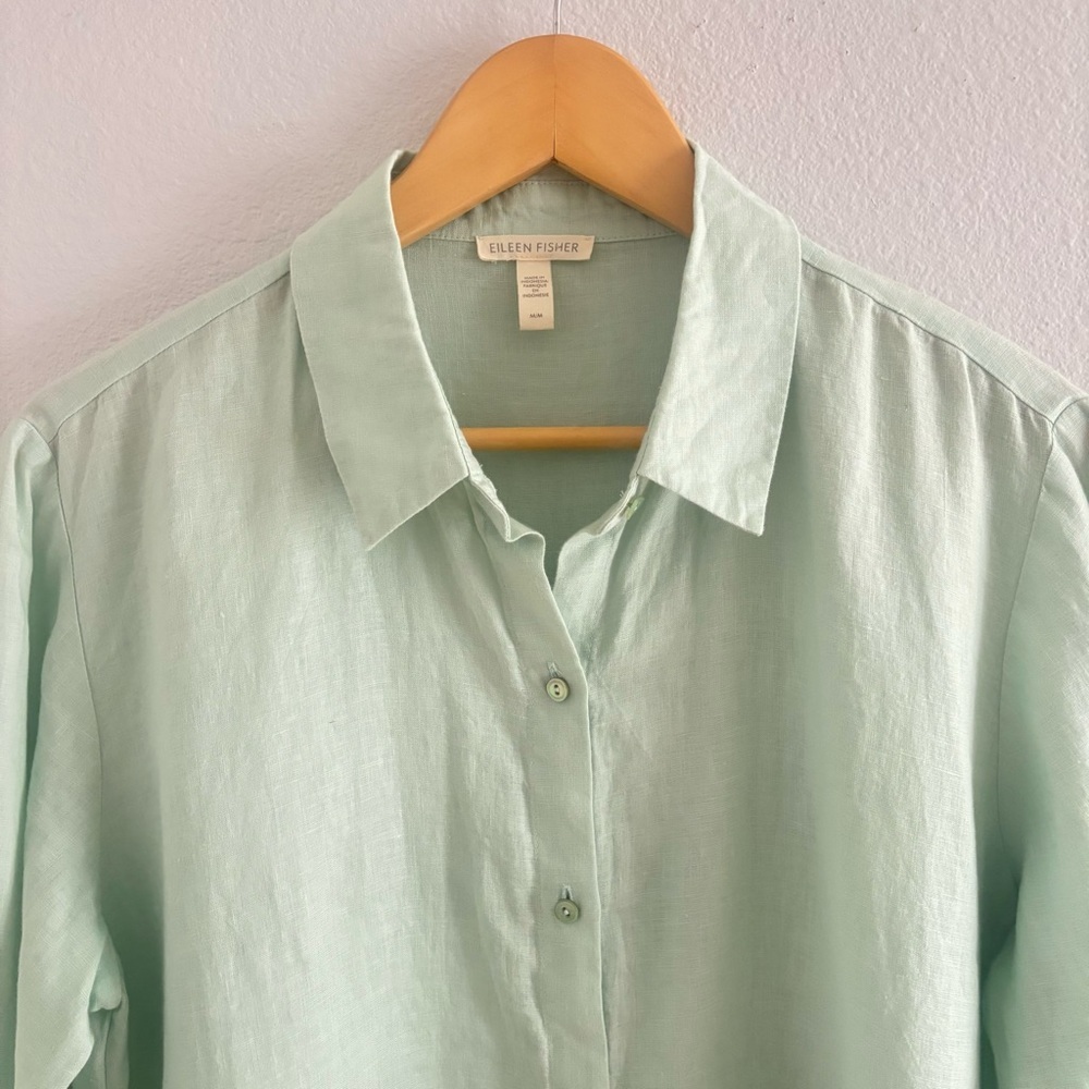 Eileen Fisher Handkerchief Organic Linen Classic Button Front Shirt Mint Green M - Picture 4 of 9